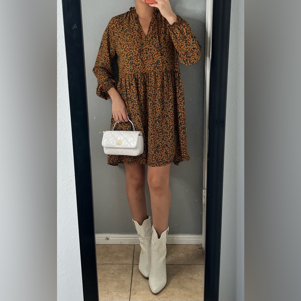 Monki mustard Floral Long Sleeve Mini Dress S Fall Boho Cottagecore western